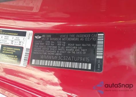 2010 Mini Cooper z USA, uszkodzony, nr VIN WMWMF3C52ATU79415